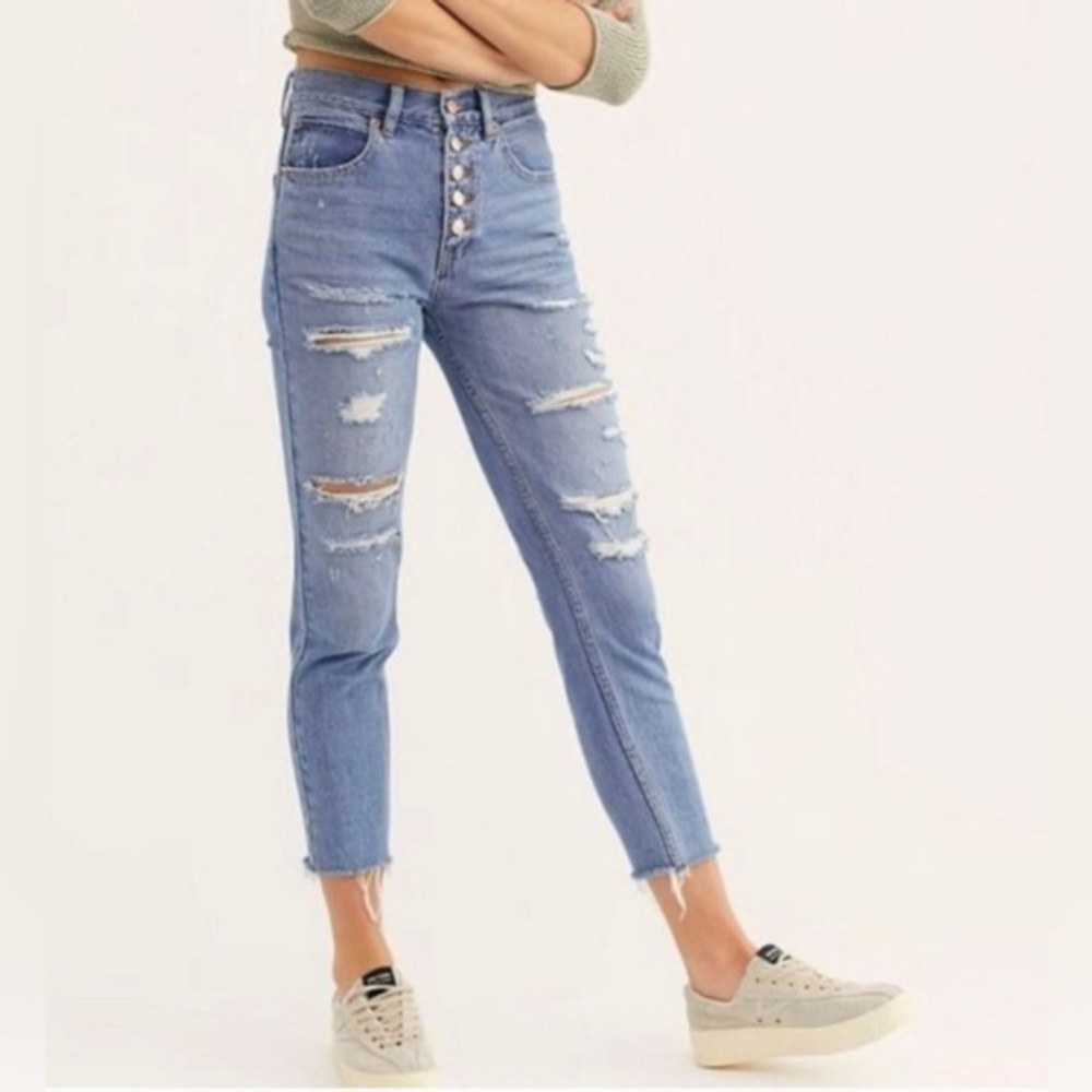 We The Free Blossom Rigid Jeans Distressed Raw Hem High Rise Button Fly Size 25